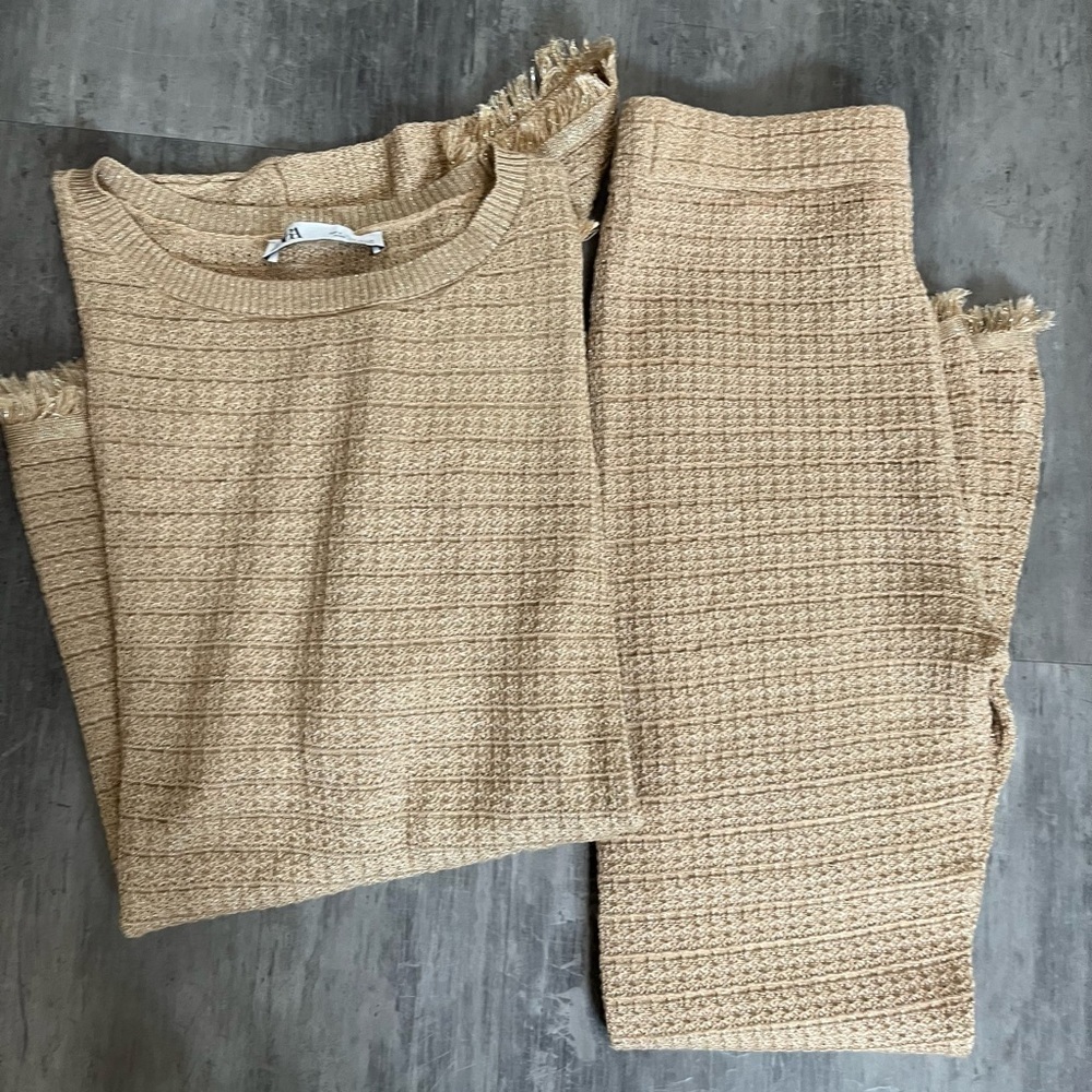 Zara Gold Shimmer Short Sleeve Frayed Top and Bottom  Size Small